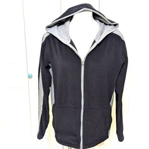 Eddie Bauer EUC Black and Gray Hooded Zip Up Jacket with Slash Pockets